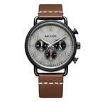 MEGIR 2158 men's chronograph watch, black case with grey dial and brown leather strap, front studio view