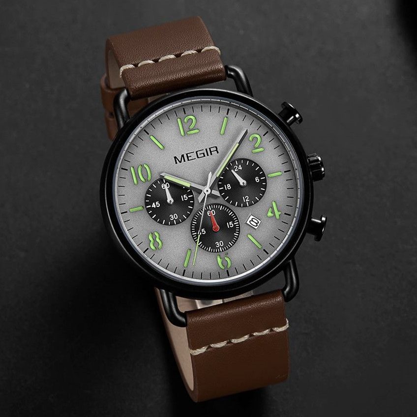 MEGIR 2158 men's chronograph watch, black case with grey dial and brown leather strap, angled view