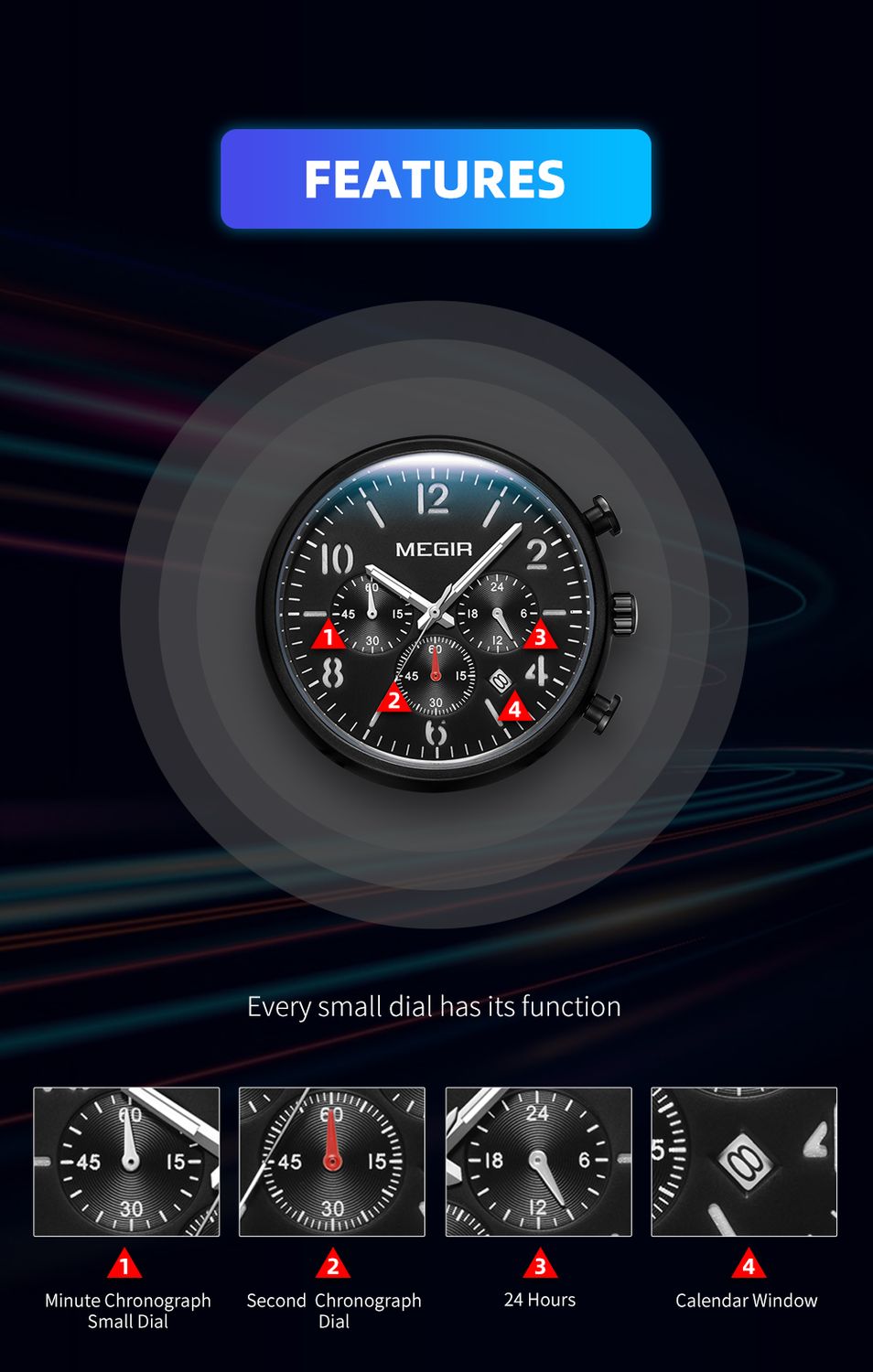 MEGIR 2158 men's chronograph watch feature graphic explaining the minute, second, 24-hour and calendar sub-dials