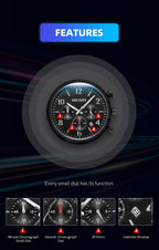 MEGIR 2158 men's chronograph watch feature graphic explaining the minute, second, 24-hour and calendar sub-dials