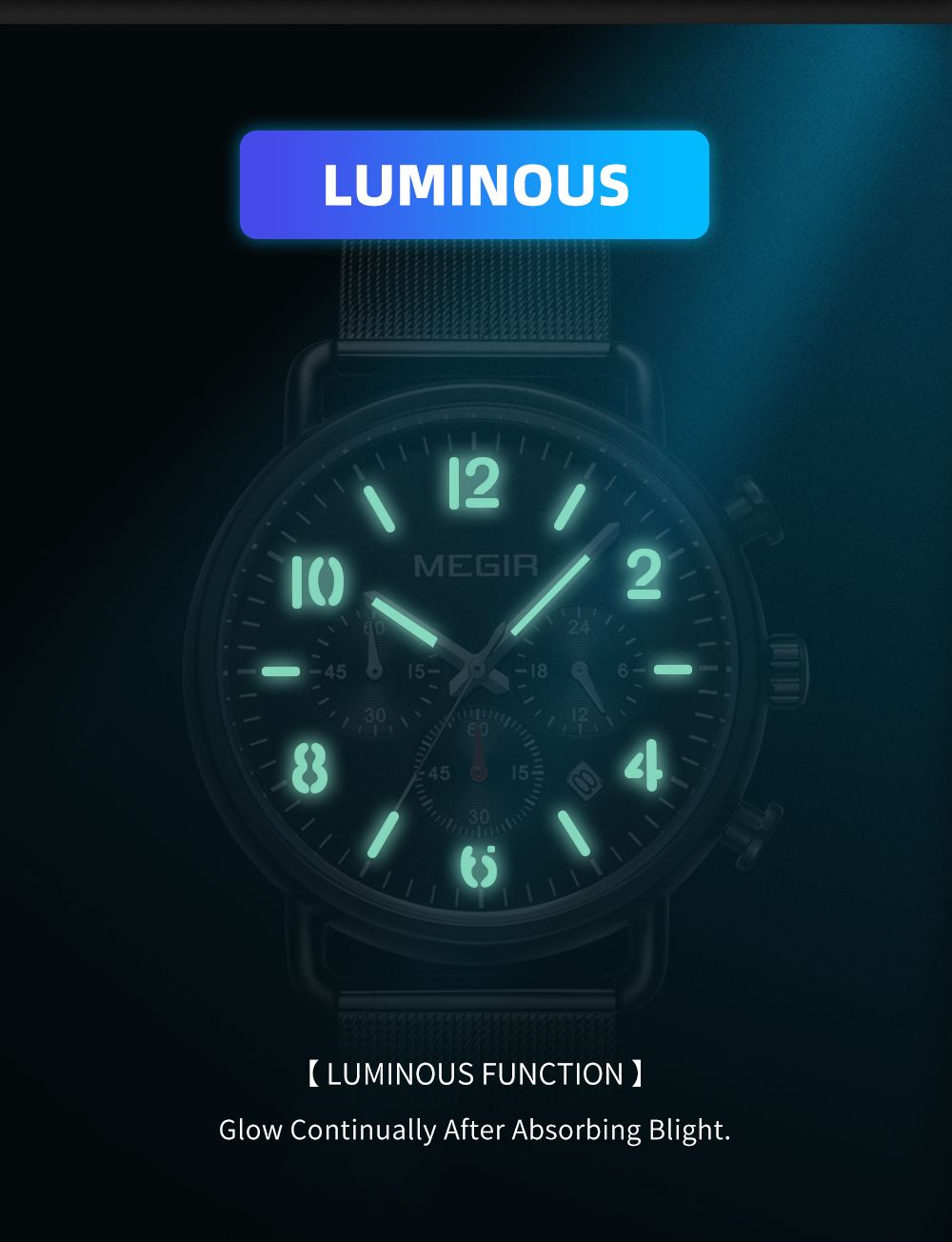 MEGIR 2158 men's chronograph watch feature graphic showing luminous hands and numerals glowing in the dark