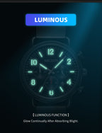 MEGIR 2158 men's chronograph watch feature graphic showing luminous hands and numerals glowing in the dark