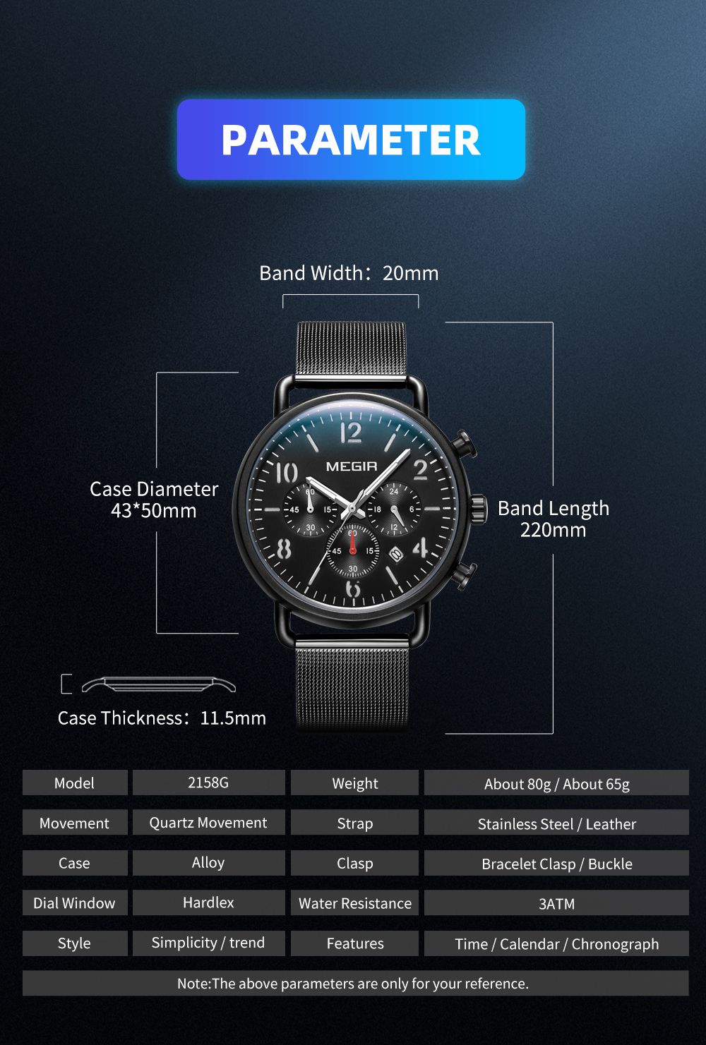 MEGIR 2158 men's chronograph watch parameters graphic with case diameter, band width and length