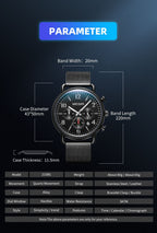 MEGIR 2158 men's chronograph watch parameters graphic with case diameter, band width and length