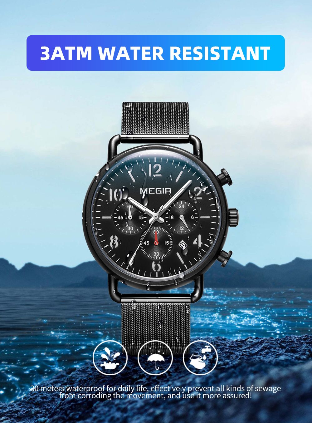 MEGIR 2158 men's chronograph watch water-resistance graphic, black case with black dial and mesh bracelet