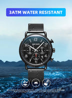 MEGIR 2158 men's chronograph watch water-resistance graphic, black case with black dial and mesh bracelet