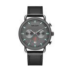 MEGIR 2159 men's chronograph watch, black case with grey dial and black leather strap, front view