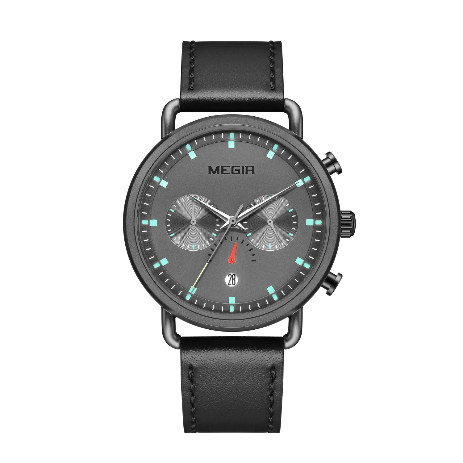 MEGIR 2159 men's chronograph watch, black case with grey dial and black leather strap, front view