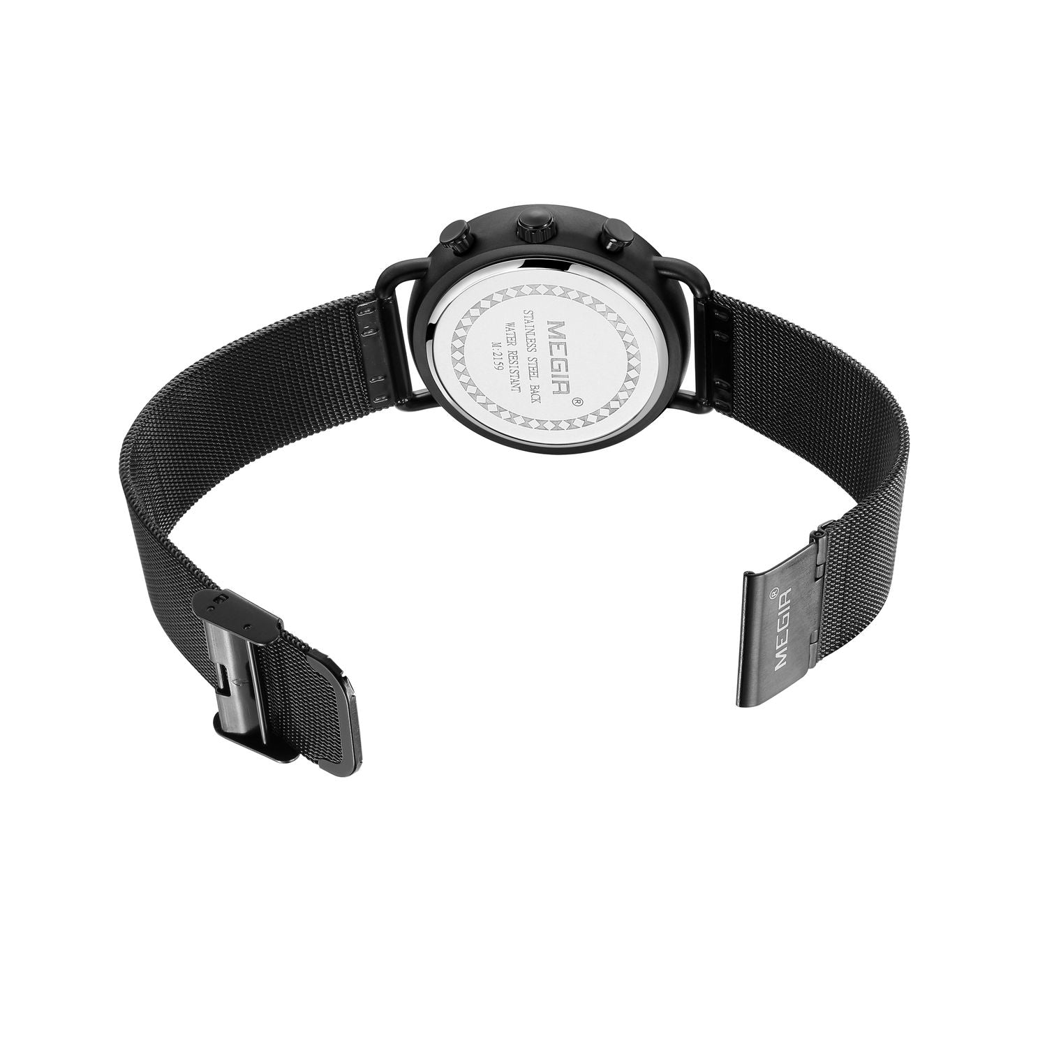 MEGIR 2159 men's chronograph watch caseback with engravings and black mesh bracelet with clasp