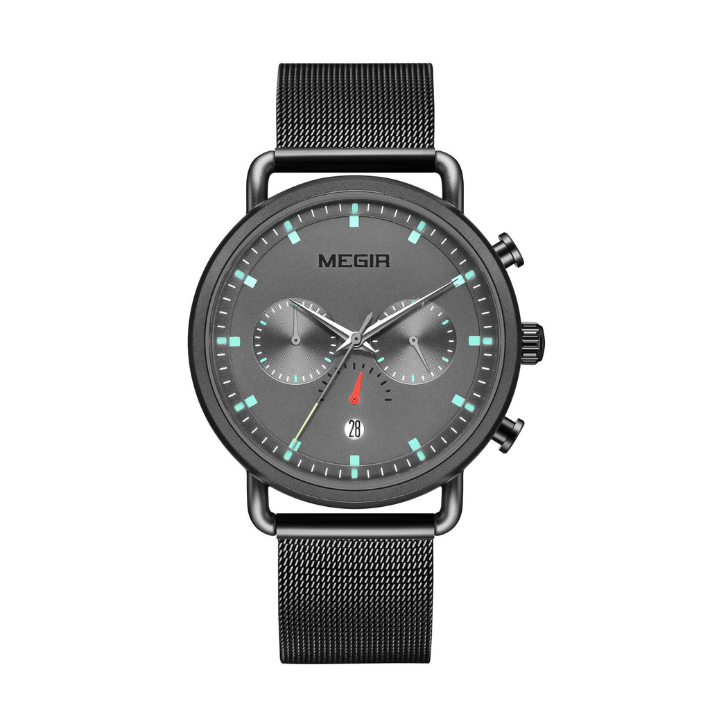 MEGIR 2159 men's chronograph watch, black case with grey dial and black mesh bracelet, front view
