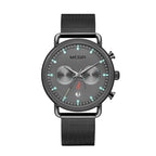 MEGIR 2159 men's chronograph watch, black case with grey dial and black mesh bracelet, front view