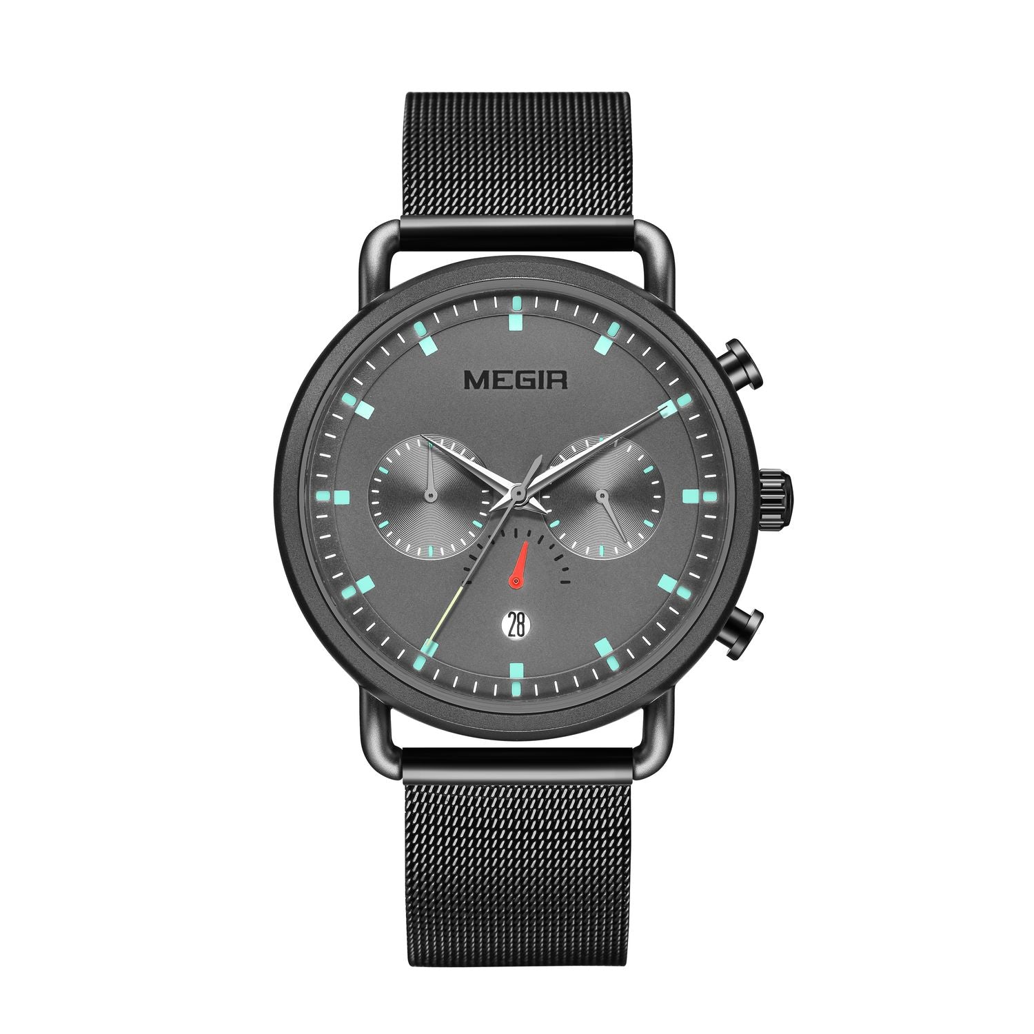 MEGIR 2159 men's chronograph watch, black case with grey dial and black mesh bracelet, front view