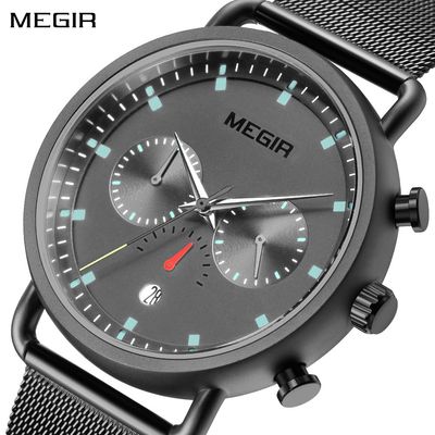 MEGIR 2159 men's chronograph watch, black case with grey dial and black mesh bracelet, close-up view