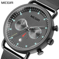 MEGIR 2159 men's chronograph watch, black case with grey dial and black mesh bracelet, close-up view