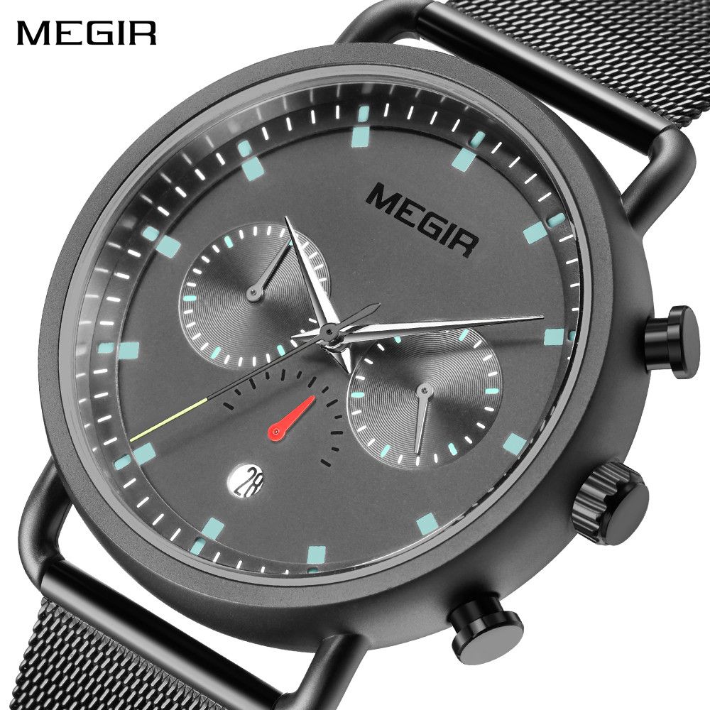 MEGIR 2159 men's chronograph watch, black case with grey dial and black mesh bracelet, three-quarter view