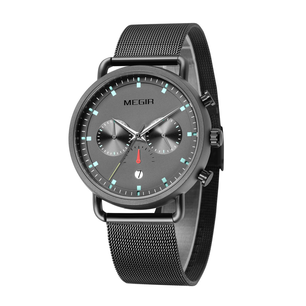 MEGIR 2159 men's chronograph watch, black case with grey dial and black mesh bracelet, angled view
