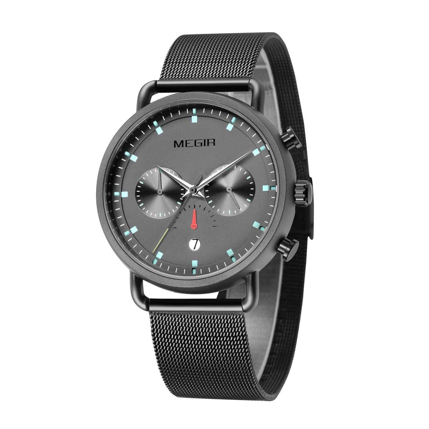 MEGIR 2159 men's chronograph watch, black case with grey dial and black mesh bracelet, angled view