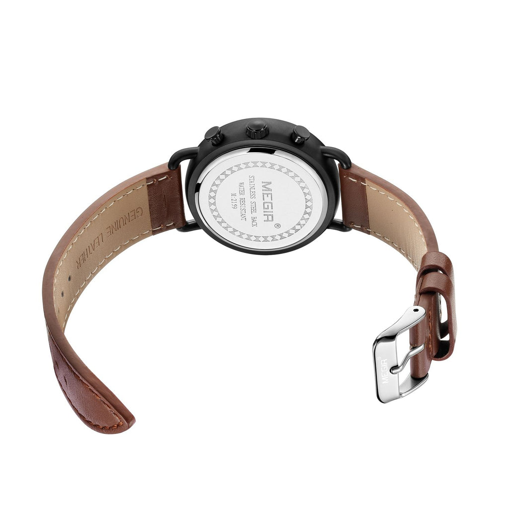 MEGIR 2159 men's chronograph watch caseback with engravings and brown leather strap with buckle