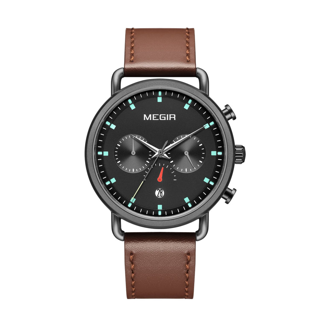 MEGIR 2159 men's chronograph watch, black case with black dial and brown leather strap, front view