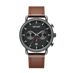 MEGIR 2159 men's chronograph watch, black case with black dial and brown leather strap, front view