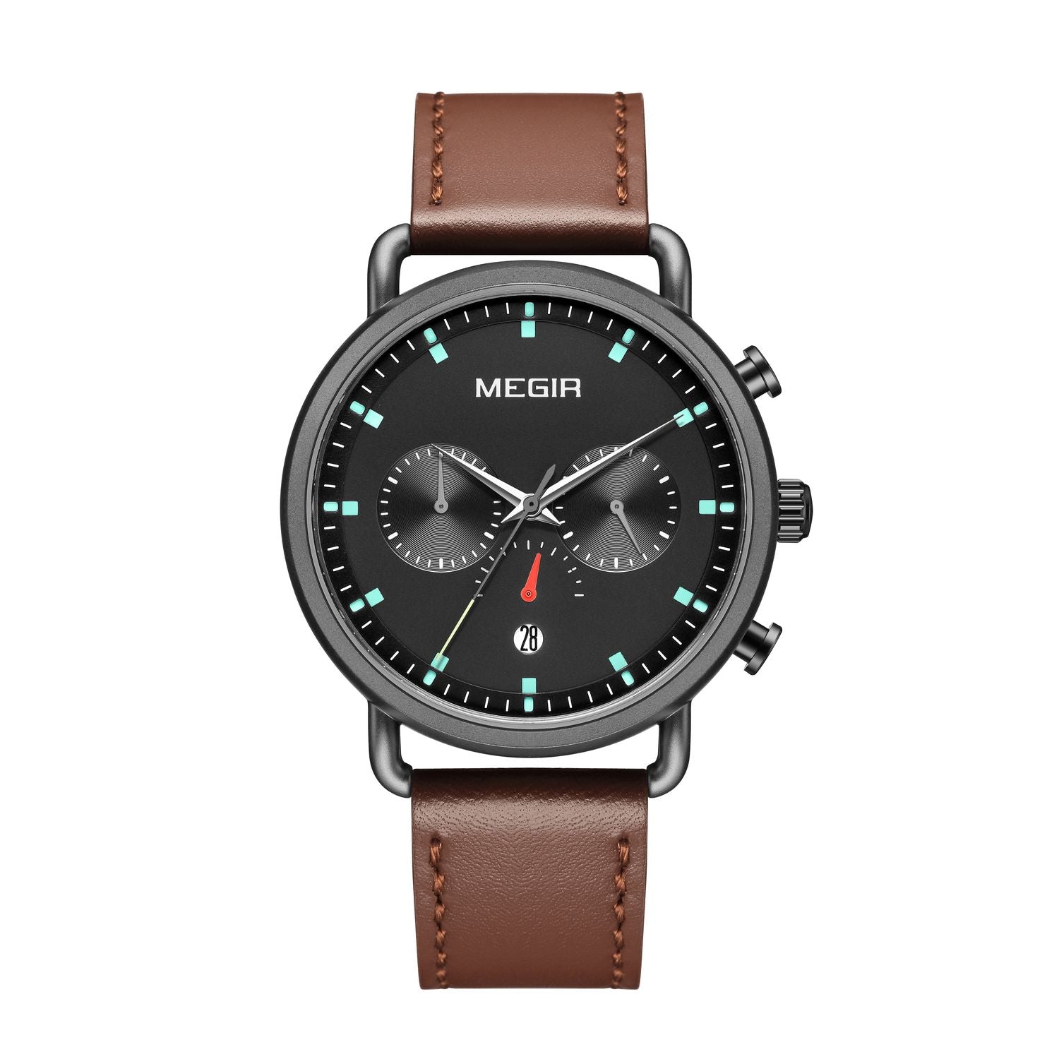 MEGIR 2159 men's chronograph watch, black case with black dial and brown leather strap, front view