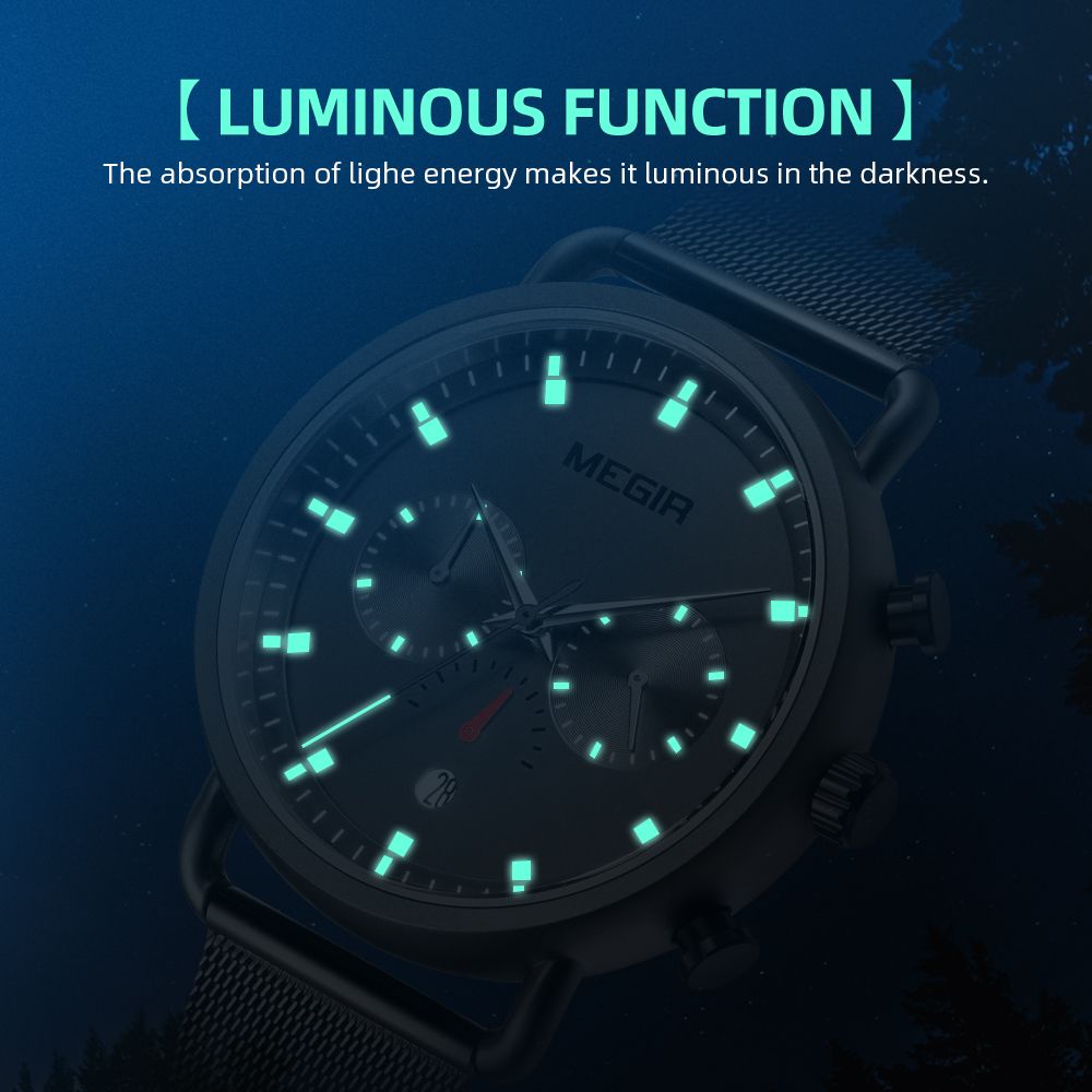 MEGIR 2159 men's chronograph watch feature graphic showing luminous markers glowing in the dark