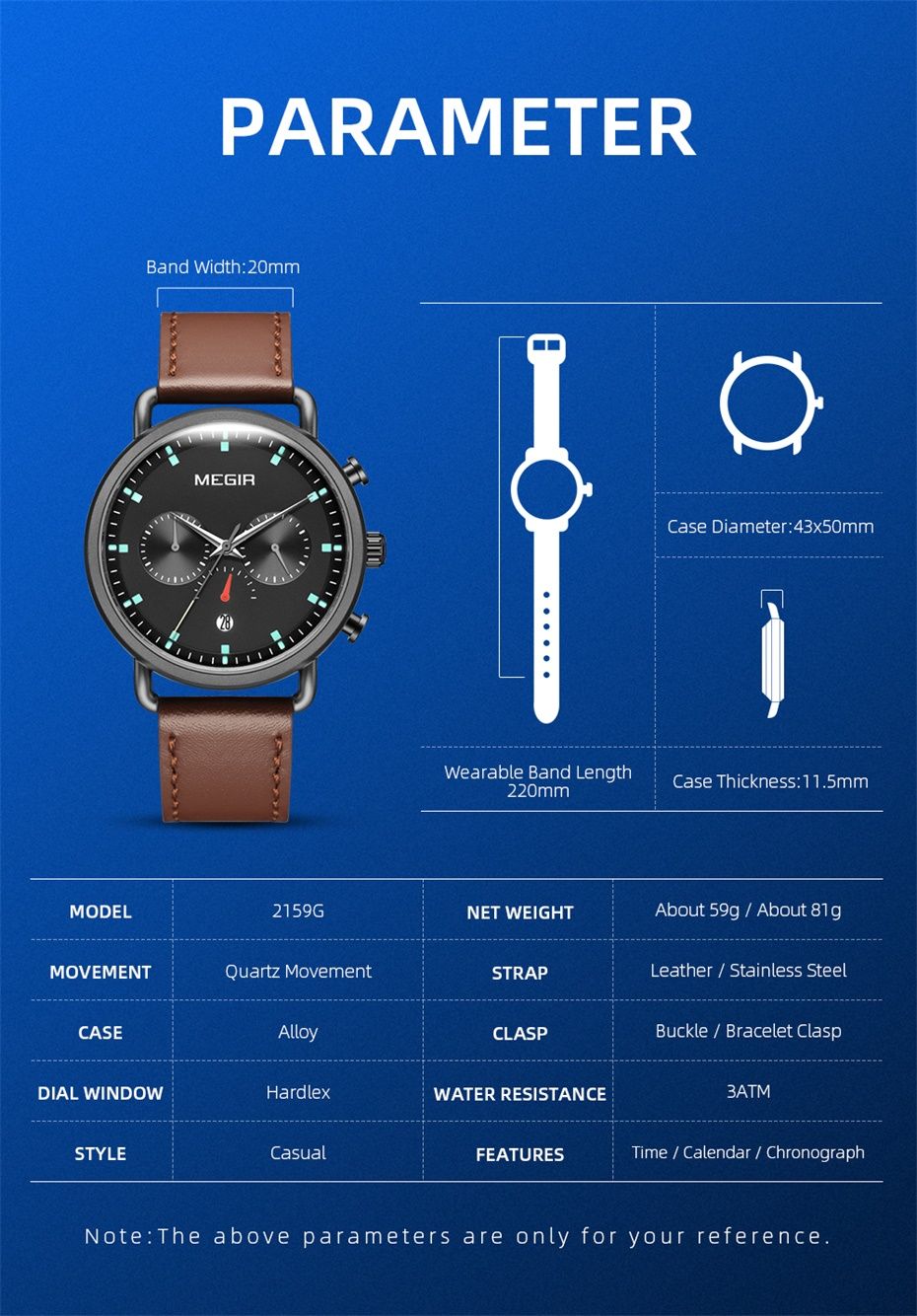 MEGIR 2159 men's chronograph watch parameters graphic with case diameter, band width and length