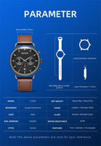 MEGIR 2159 men's chronograph watch parameters graphic with case diameter, band width and length