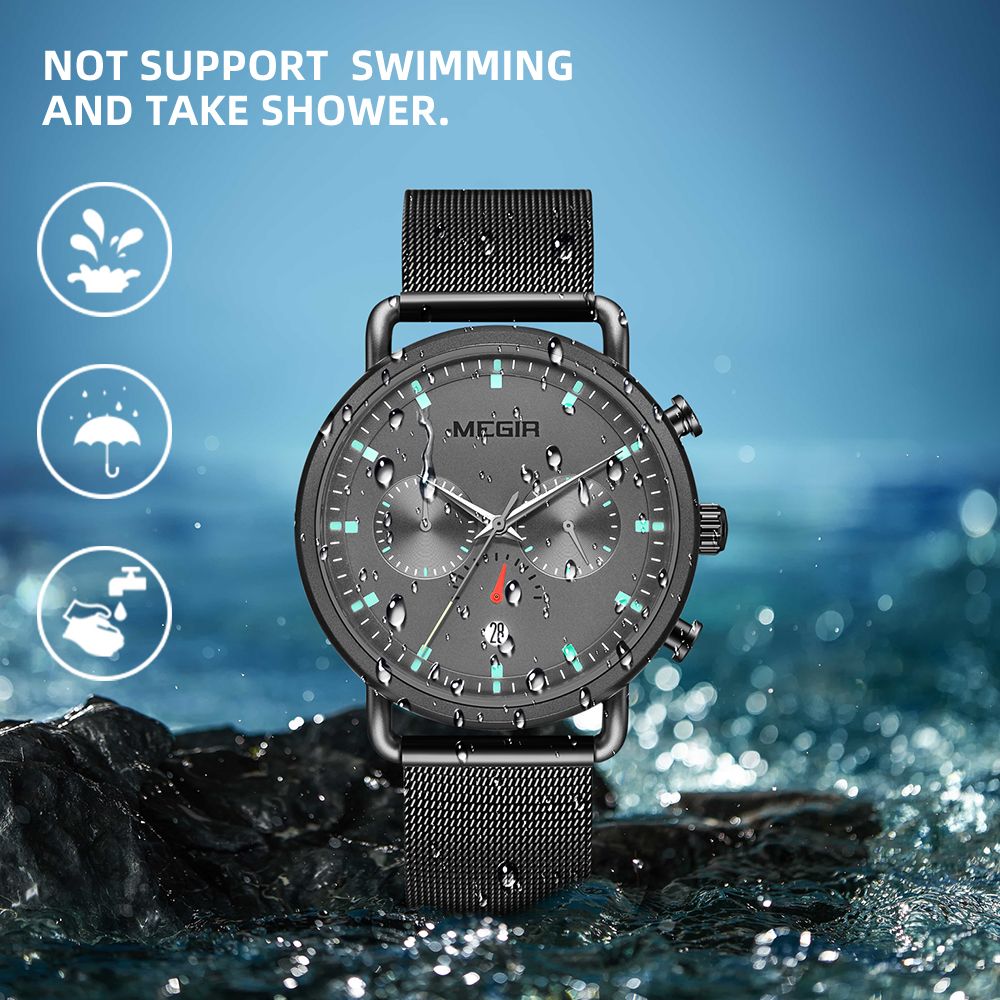 MEGIR 2159 men's chronograph watch water-resistance graphic, black case with grey dial and mesh bracelet