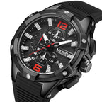 MEGIR 2161 men's chronograph watch, black case with red-accent dial and black silicone strap, angled view