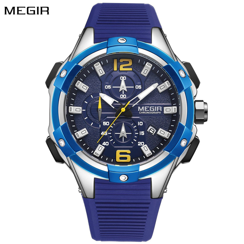MEGIR 2161 men's chronograph watch, silver case with blue bezel, blue dial and blue silicone strap, front view