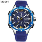MEGIR 2161 men's chronograph watch, silver case with blue bezel, blue dial and blue silicone strap, front view