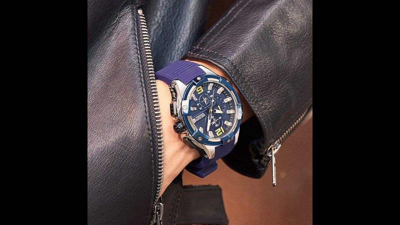 MEGIR 2161 men's chronograph watch, silver case with blue bezel and blue silicone strap, studio view