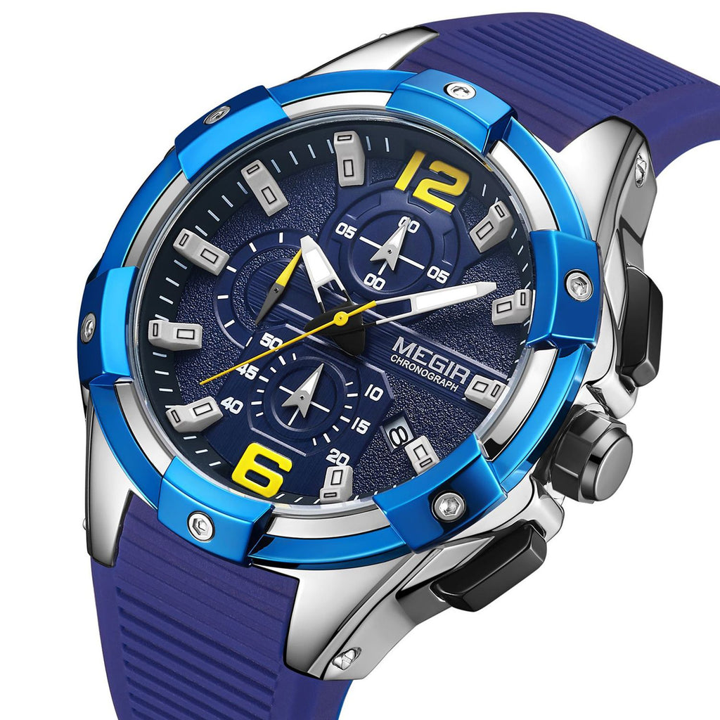 MEGIR 2161 men's chronograph watch, silver case with blue bezel, blue dial and blue silicone strap, angled view