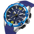 MEGIR 2161 men's chronograph watch, silver case with blue bezel, blue dial and blue silicone strap, angled view