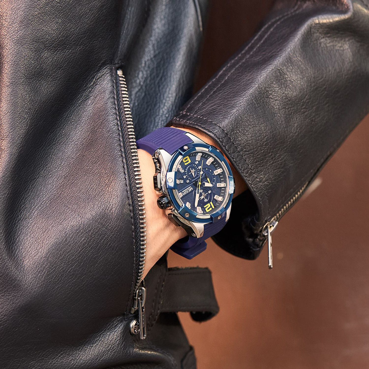 MEGIR 2161 men's chronograph watch on the wrist, silver case with blue bezel and blue silicone strap