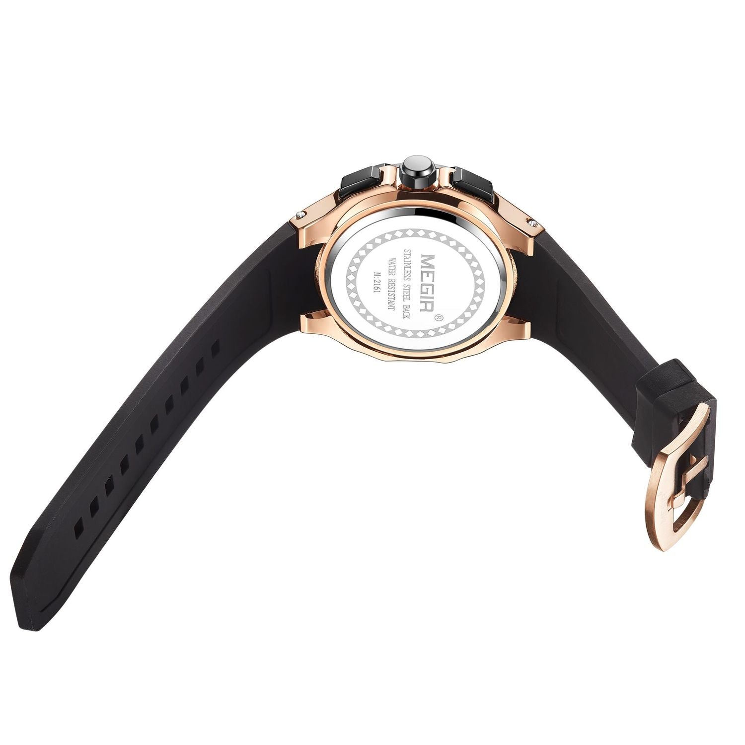 MEGIR 2161 men's chronograph watch caseback with engravings, black silicone strap and rose-gold buckle