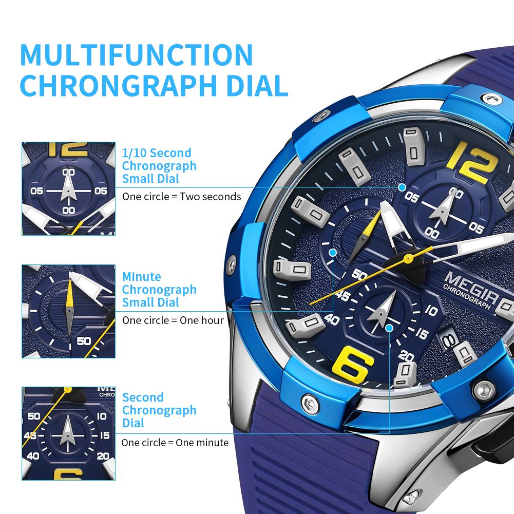MEGIR 2161 men's chronograph watch feature graphic explaining the second, minute and 1/10-second sub-dials