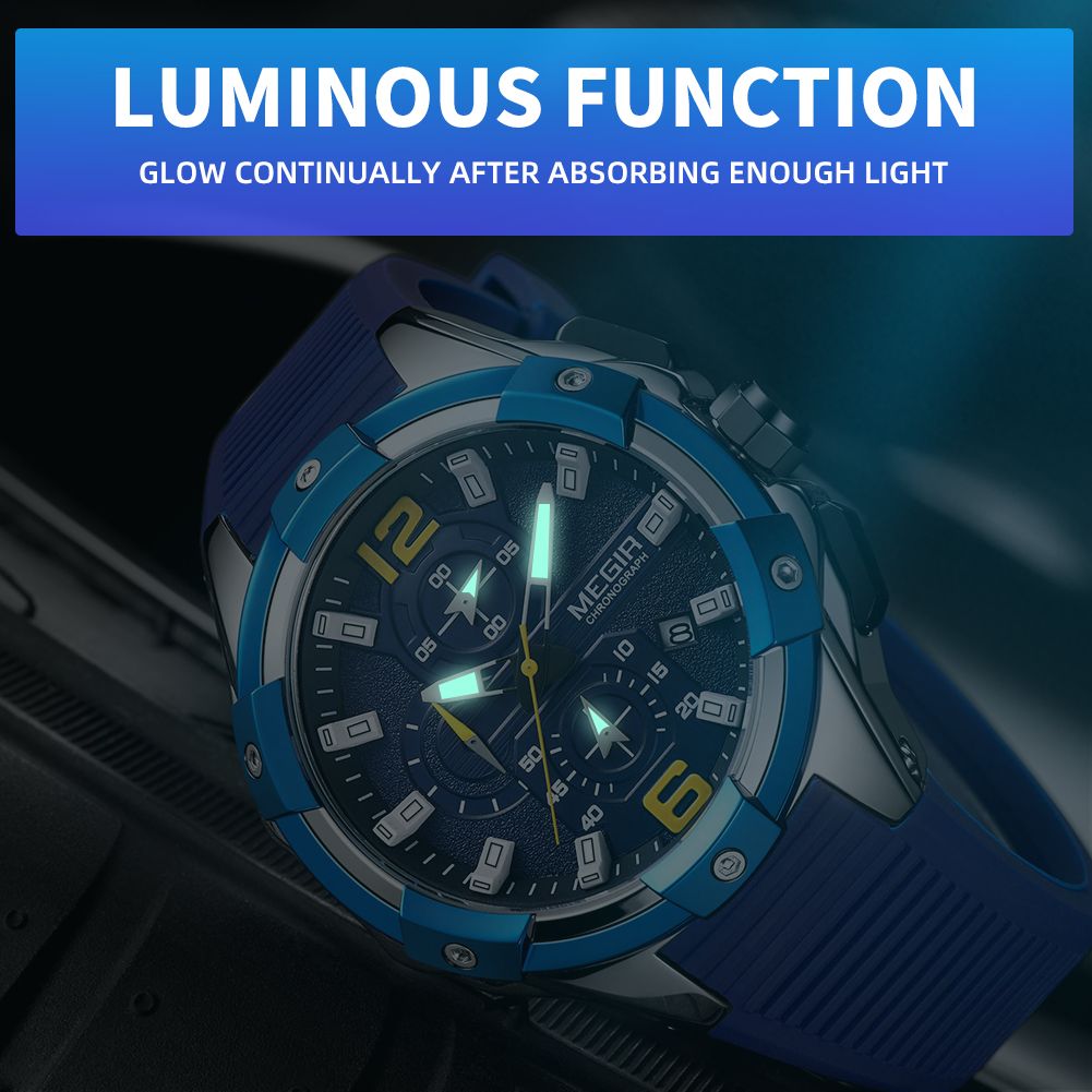 MEGIR 2161 men's chronograph watch feature graphic showing luminous hands and markers glowing in the dark