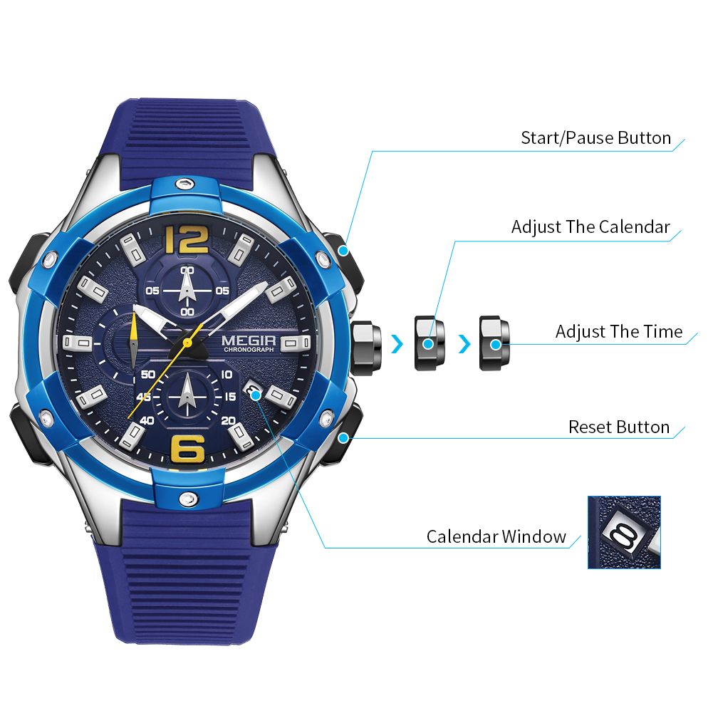 MEGIR 2161 men's chronograph watch operation graphic showing the start, calendar and reset buttons