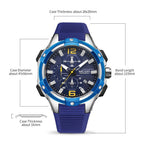 MEGIR 2161 men's chronograph watch parameters graphic with case diameter, band length and thickness