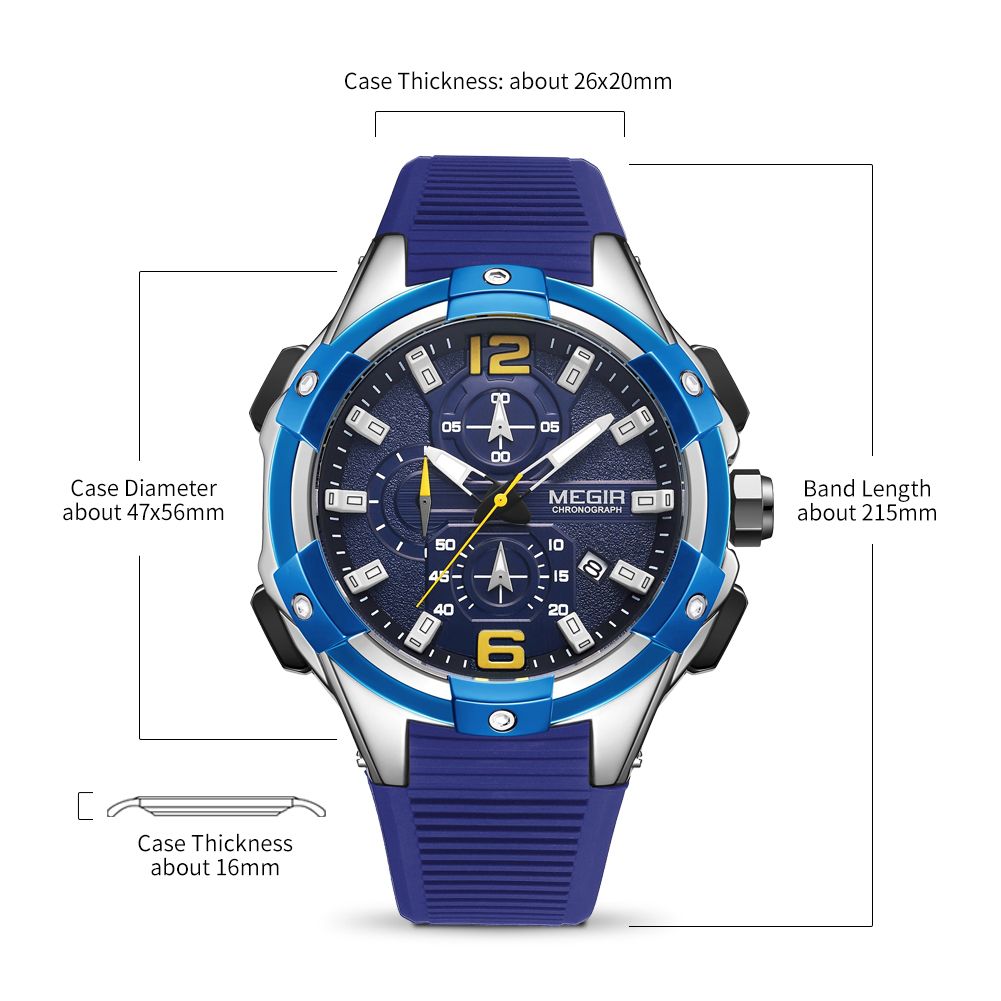 MEGIR 2161 men's chronograph watch parameters graphic with case diameter, band length and thickness