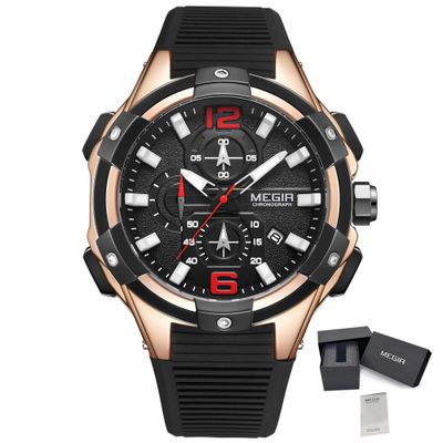 MEGIR 2161 men's chronograph watch, rose-gold case with black dial and black silicone strap, with gift box