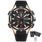 MEGIR 2161 men's chronograph watch, rose-gold case with black dial and black silicone strap, with gift box