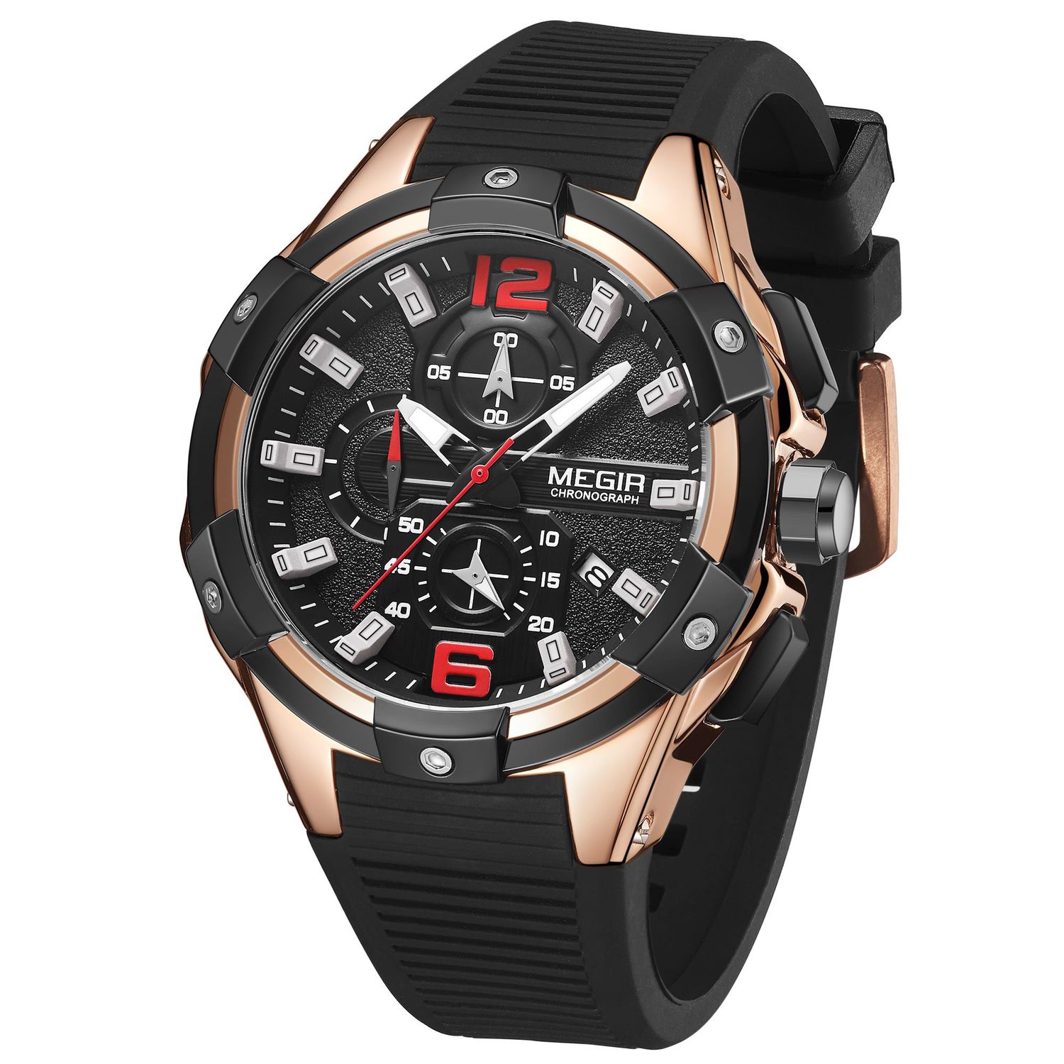 MEGIR 2161 men's chronograph watch, rose-gold case with black dial and black silicone strap, three-quarter view