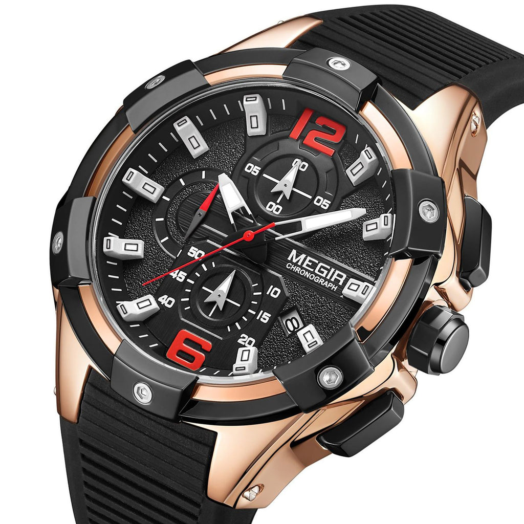 MEGIR 2161 men's chronograph watch, rose-gold case with black dial and black silicone strap, angled view