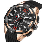MEGIR 2161 men's chronograph watch, rose-gold case with black dial and black silicone strap, angled view