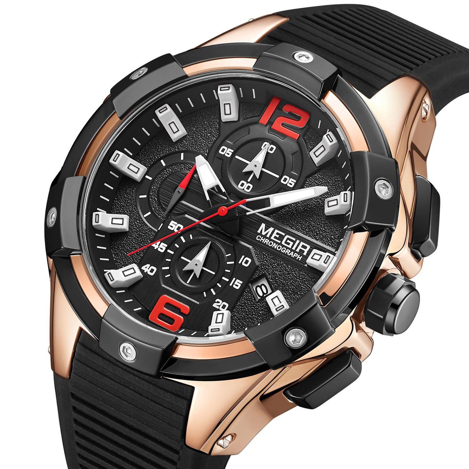 MEGIR 2161 men's chronograph watch, rose-gold case with black dial and black silicone strap, angled view