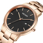 MEGIR 2164 men's dress watch, rose-gold case with black dial and rose-gold bracelet, three-quarter view
