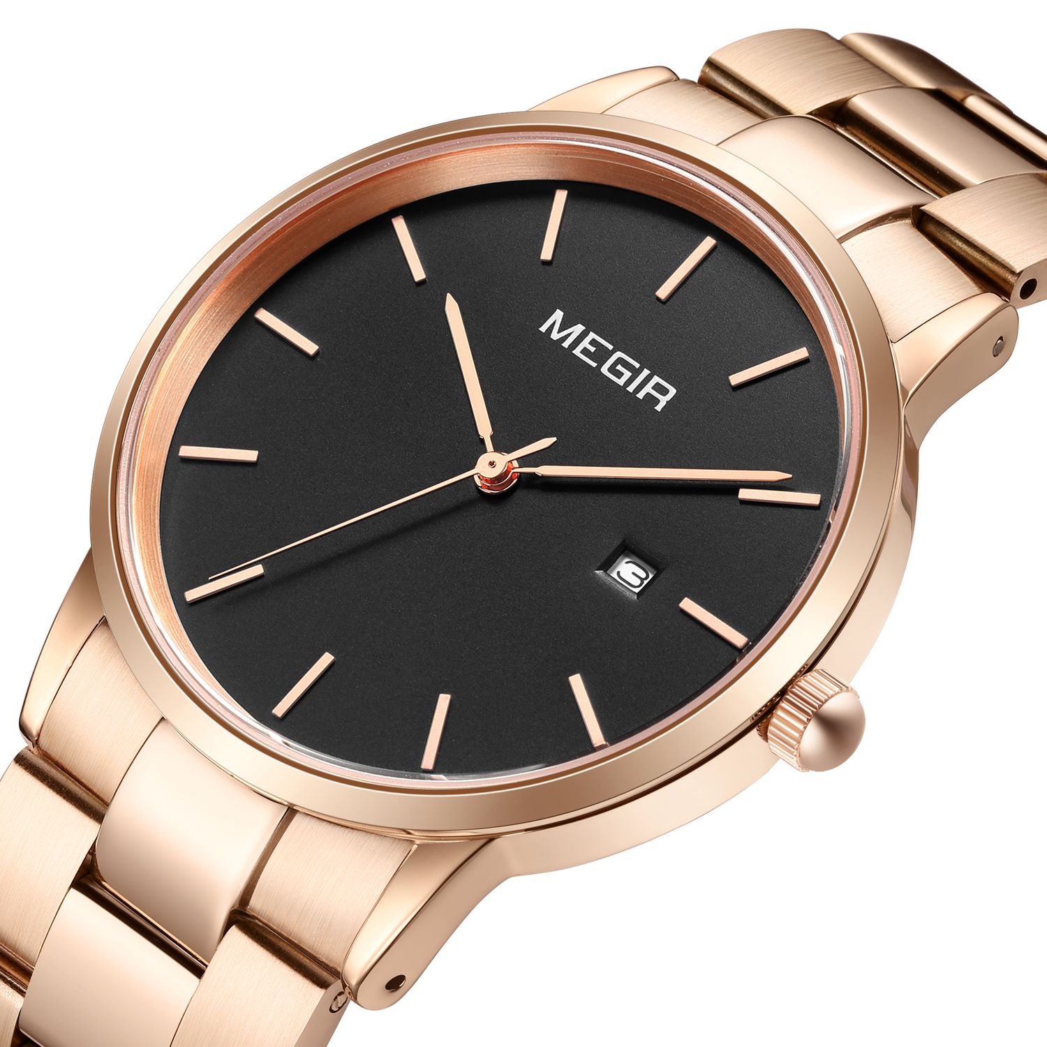 MEGIR 2164 men's dress watch, rose-gold case with black dial and rose-gold bracelet, three-quarter view
